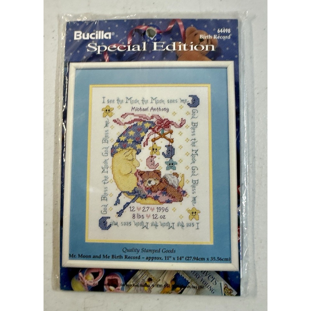 1996 Bucilla Mr. Moon and Me Birth Record Special Edition Cross Stitch 64498